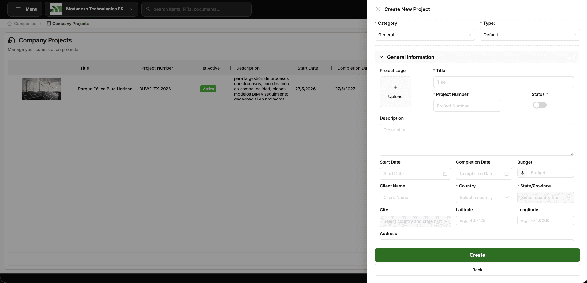 New project modal