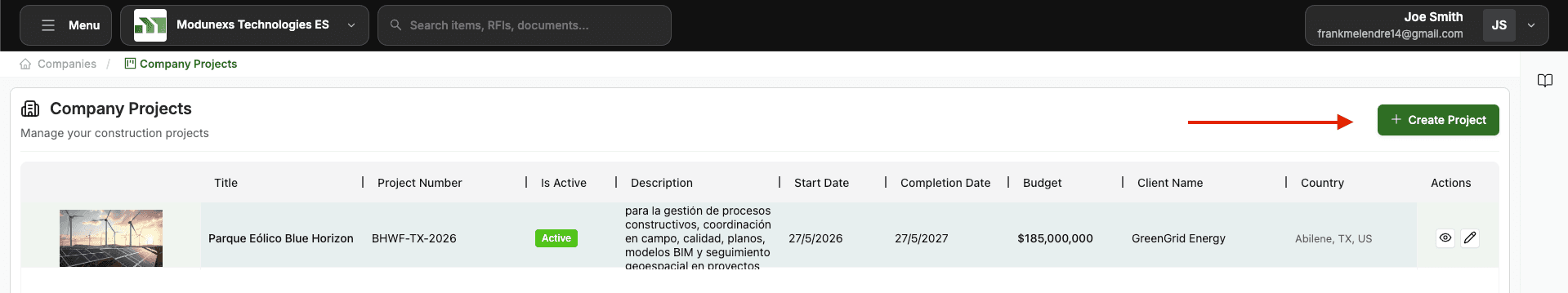 Project list — click New Project to start