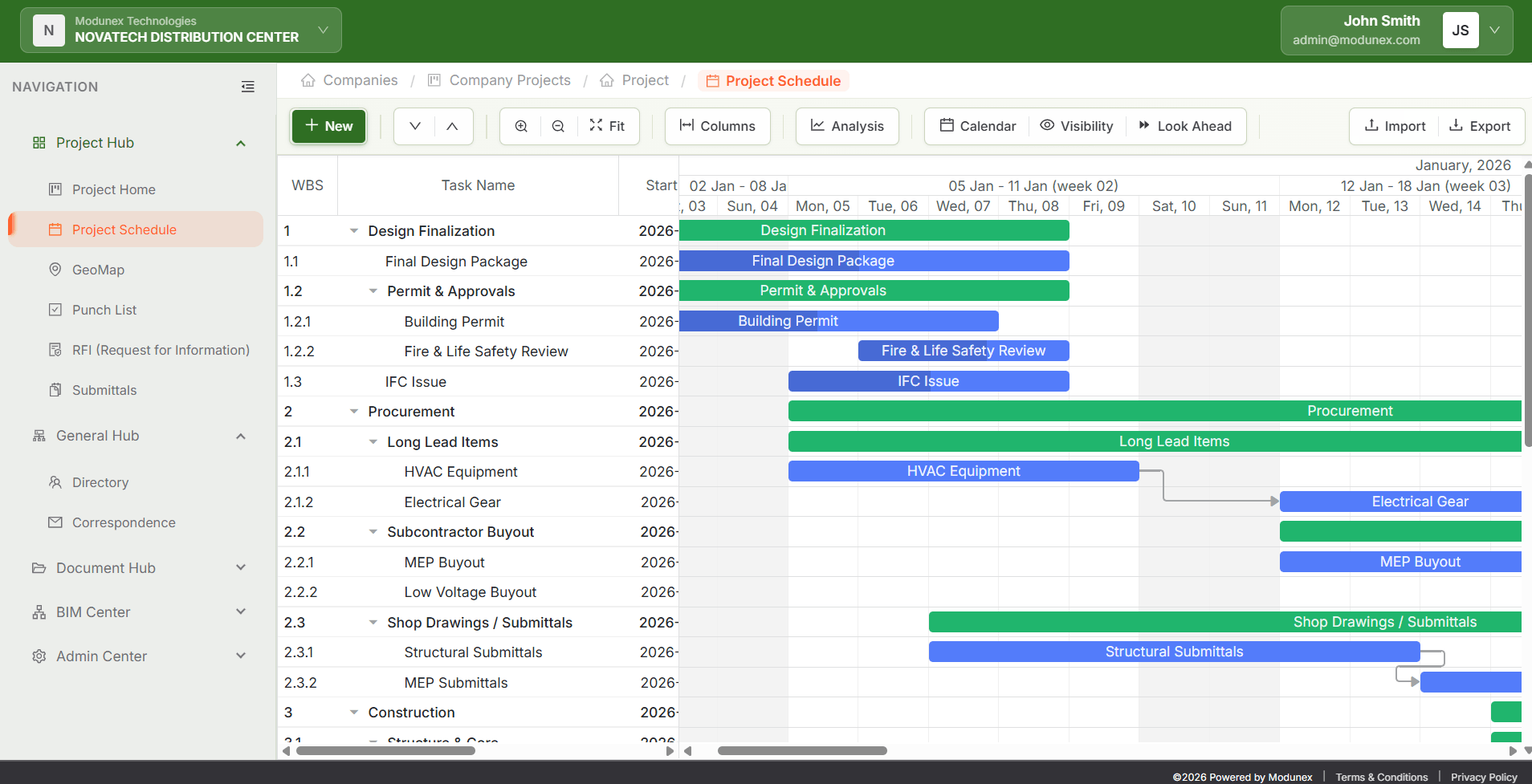 Modunex Construction Project Management Software Dashboard - Plan, Execute, Deliver Projects