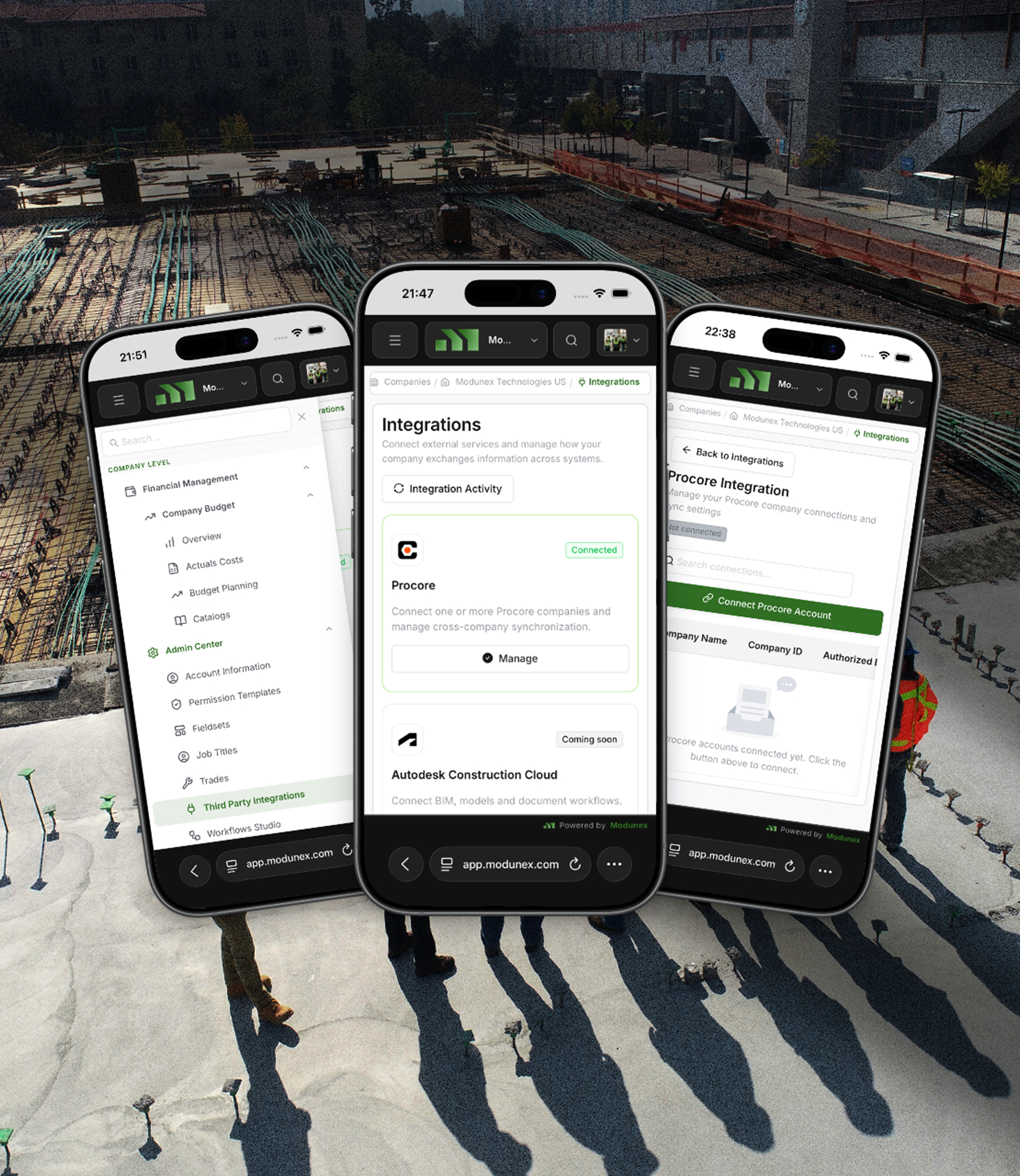 Construction software integrations in Modunex