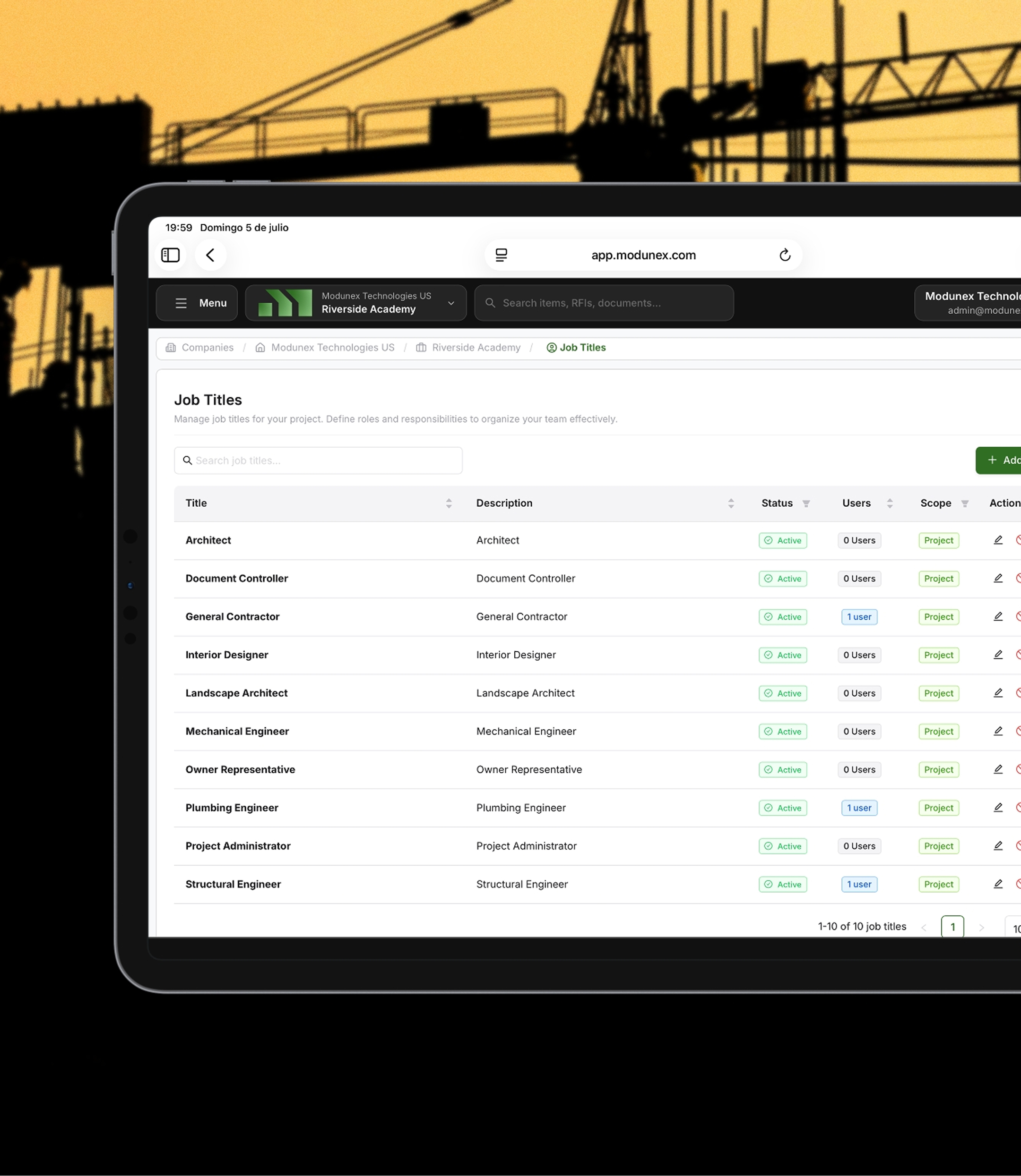 Job titles management in Modunex